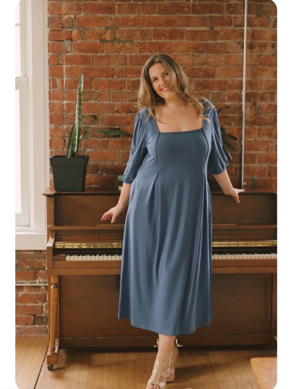 BERRY Square-Neck Midi Dress with Draped Sleeves
